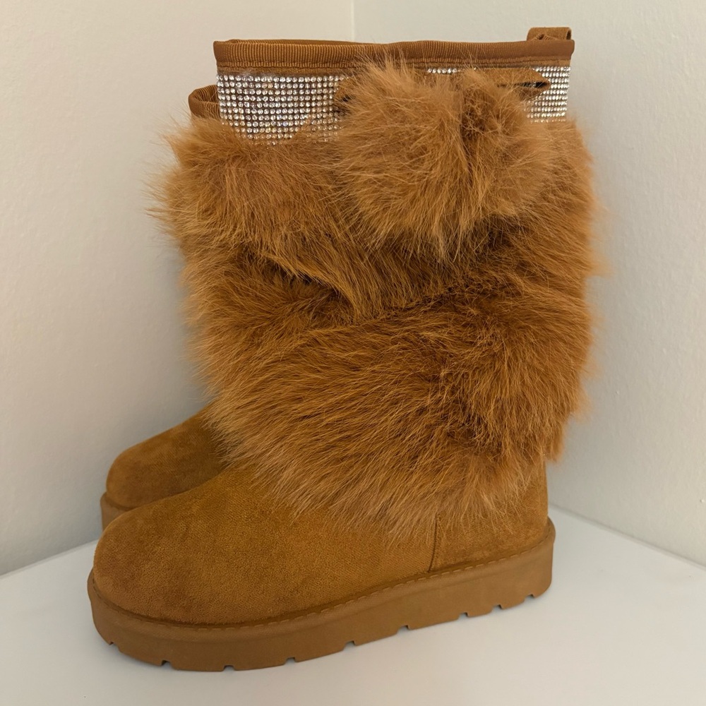 CARLKARIDA Faux Fur Brown Boots Women Size 7 Platform Pompom Rhinestone Accents